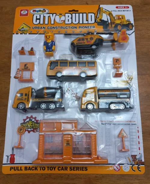 Set Construction City Build PlayToys 10 véhicules & accessoires  Pull-Back  Neuf en blister !