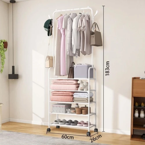 Porte à Vêtements avec 5 Étagères de Rangement et Roulettes  حامل ملابس مع 5 أرفف تخزين وعجلات