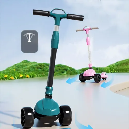 Trottinette Enfant à 3 Roues Lumineuses, Pliable à Hauteur Réglable pour Enfants