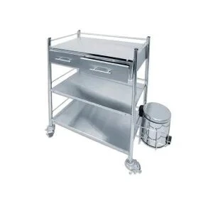 GUÉRIDON EN INOX À 3 ÉTAGES AVEC 2 TIROIRS ET 1 SEAU À PANSEMENT