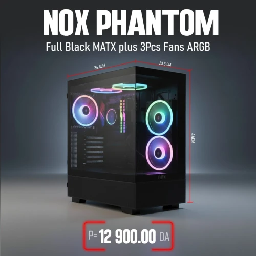 Boitier Gamer NOX PHANTOM full Black plus 3Pcs Fans M42-12cm ARGB