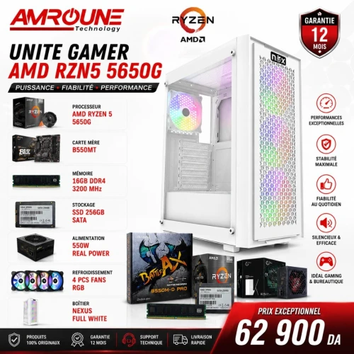 Unite Gamer AMD RYZEN 5 5650G/CM B550MT /DDR4 16G 3200Mhz/SSD 256GB /PSU 550W/Case NEXUS full White plus 4Pcs Fans RGB
