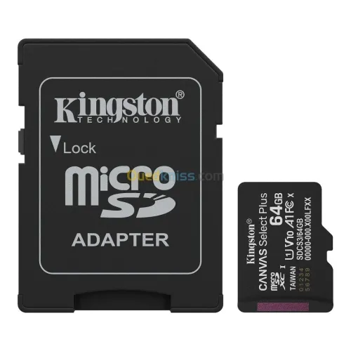 KINGSTON CANVAS SELECT PLUS SDCS3 64GB - MICRO SDXC 64GB - UHS-I CLASSE 10 - AVEC ADAPTATEUR SD - BLACK