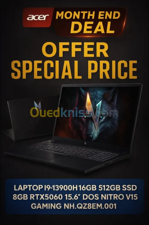 ACER NITRO V15 - CORE I9-13900H - 16GO - 512GO SSD -15,6" FHD - RTX 5060 8GO - RÉTROÉCLAIRÉ -BLACK