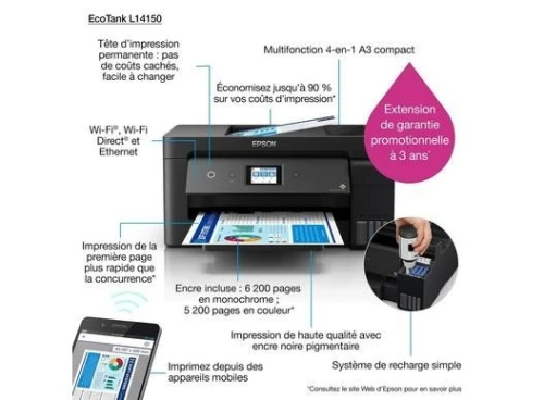 EPSON L14150 - IMPRIMANTE ECOTANK COULEUR À RÉSERVOIR -RECTO VERSO A3+ - USB ETHERNET - WI-FI -BLACK