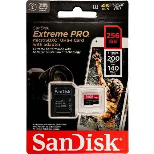 SANDISK EXTREME PRO 256GB - CARTE MÉMOIRE MSDXC UHS-I - JUSQU'À 200 MO/S - UHD 4K - AVEC ADAPTER