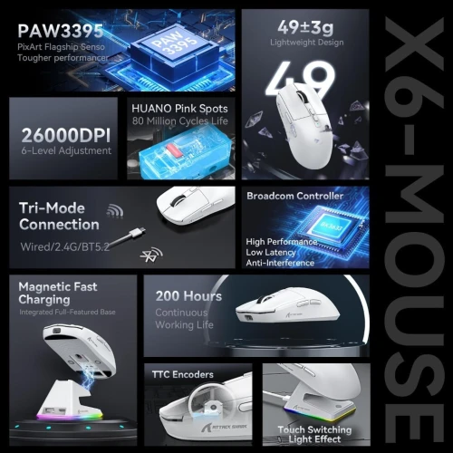 ATTACK SHARK X6 - SOURIS FILAIRE & SANS FIL - BLUETOOTH - USB 2.4G - 7 BOUTONS - 26000 DPI - WHITE