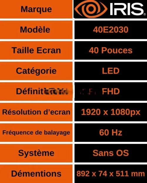 TV IRIS E2030 40" POUCES - LED HD BASIC - FLICKER FREE - DOLBY AUDIO- 16:9 60HZ - HDMI / USB -BLACK