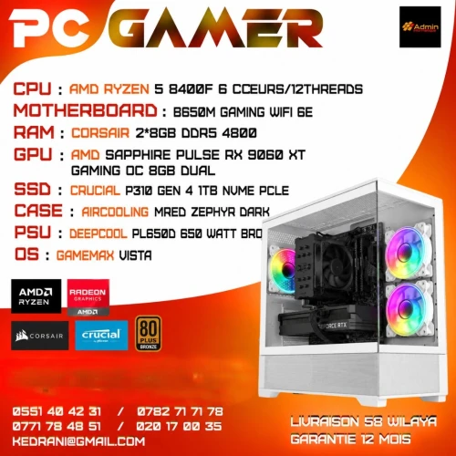 PC GAMER - B650M GAMING WIFI 6E - RYZEN 5 8400F - 16GB RGB DDR5 - SSD NVME 1TB GEN4 - RX 9060 XT 8GB - WIFI 6E - BLACK