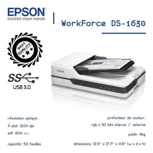Epson Scanner Workforce DS 1630 - Scanner A4 Avec Chargeur Document Automatique - ADF -