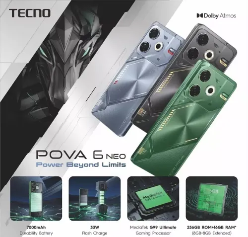 SMARTPHONE TECNO POVA 6 LI7 - DUAL SIM - 8 + 8GB EXTENDED - 256GB - 6,6" 120HZ IPS - 32MPXL - 6000 MAH 