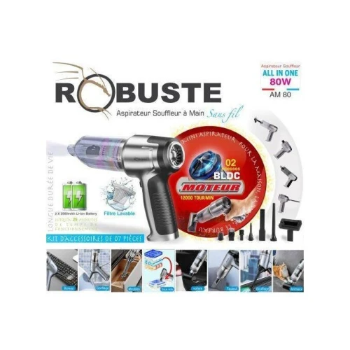Aspirateur Souffleur ROBUSTE Sans Fil Rechargeable 7 Accessoires 80 W Filtre Lavable AM 80 