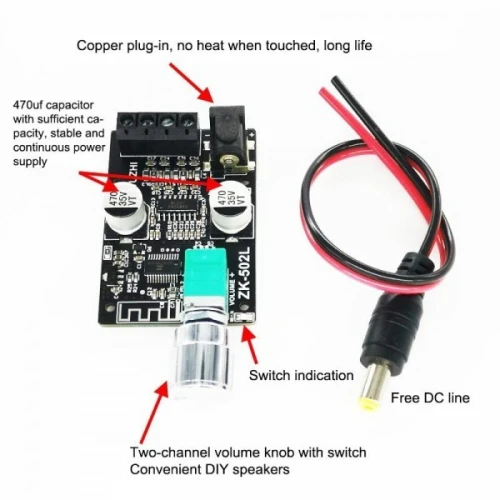Arduino - ZK-502L Carte Amplificateur sans fil Bluetooth 5.0 ( 50Wx2)