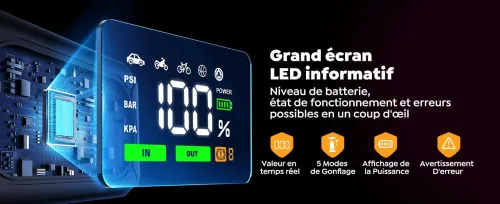 Booster Batterie Voiture avec 150PSI Gonfleur Pneus, 12V Démarreur Voiture Puissant, Booster Batterie Moto avec 500 Lumière LED 4 Modes, Grand Écran, Gants(Jusqu'à 9L Gaz ou 8L Diesel)