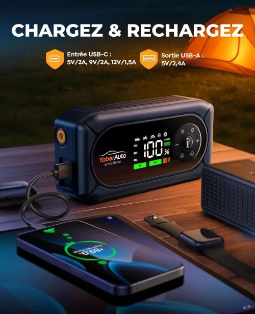 Booster Batterie Voiture avec 150PSI Gonfleur Pneus, 12V Démarreur Voiture Puissant, Booster Batterie Moto avec 500 Lumière LED 4 Modes, Grand Écran, Gants(Jusqu'à 9L Gaz ou 8L Diesel)