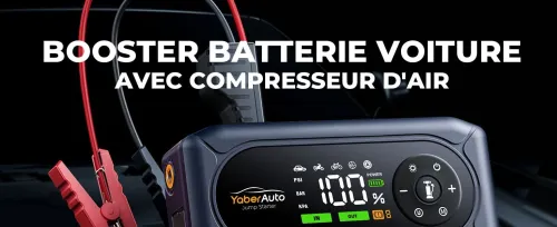 Booster Batterie Voiture avec 150PSI Gonfleur Pneus, 12V Démarreur Voiture Puissant, Booster Batterie Moto avec 500 Lumière LED 4 Modes, Grand Écran, Gants(Jusqu'à 9L Gaz ou 8L Diesel)