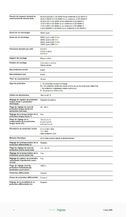 Disjoncteur Schnider Electric ComPacT NSX100F différentiel MicroLogic 4.2AB 100A