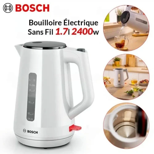 Bouilloire Électrique BOSCH Sans Fil 1.7L 2400W avec Filtre Anti Calcaire Blanc - غلاية كهربائية