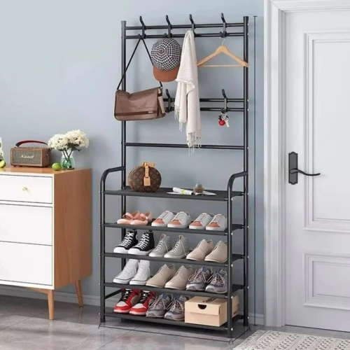 Porte Manteau avec Étagères à Chaussures 5 Niveaux - Meuble d Entrée 2 en 1 Métalique