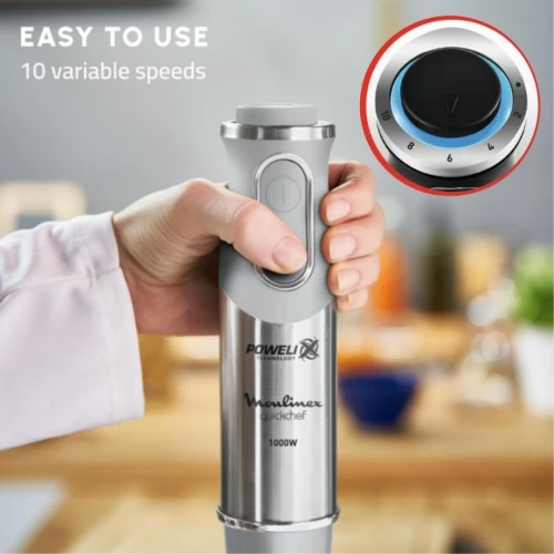 Bras Mixeur Plongeant Moulinex QuickChef Inox 1000W 10 Vitesses Avec Verre 800ml Technologie Powelix DD65AD10 - خلاط يدوي