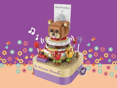 Boîte Musicale et Lego Blocs à Construire Rotatif - Forme Gâteau Anniversaire Ourson