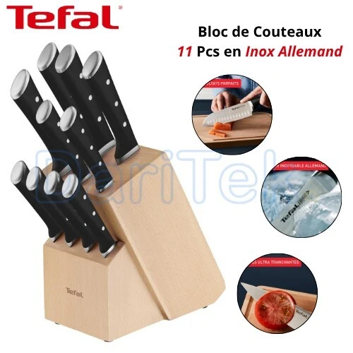 Bloc de Couteaux de Cuisine Tefal 11 Pièces avec Bloc en Bois et Lames en Inox Allemand Ultra Tranchant - Ice Force K232SA14