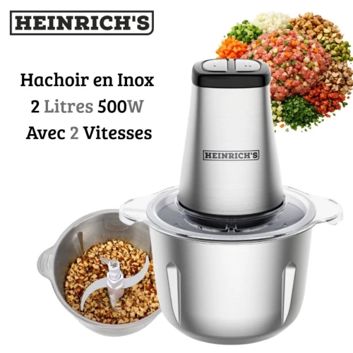 Hachoir Électrique Heinrich's 2 Litres 500W Avec 2 Vitesses et 4 Lames - Corps En Inox