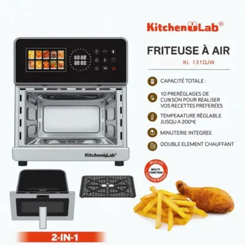 Friteuse Air Fryer Inox 8L 2150W à air Double Résistances Écran Tactile Fenêtre Visible - 10 Programmes - KitchenLab Easy Fry & Grill