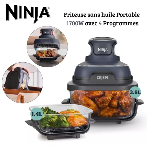 Ninja Crispi Friteuse Air Fryer Portable 4en1 sans huile 3.8L 1700W - 2 récipients avec couvercles