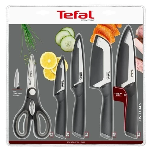 Ensemble de Couteaux Tefal Comfort 05 Pièces en Acier Inoxydable avec Ciseau et Etuis de Protection - K2215S55