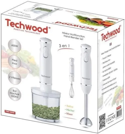 Bras Mixeur Plongeant 3en1 Techwood - 600W 500mL Multifonctions avec Hachoir et Fouet 