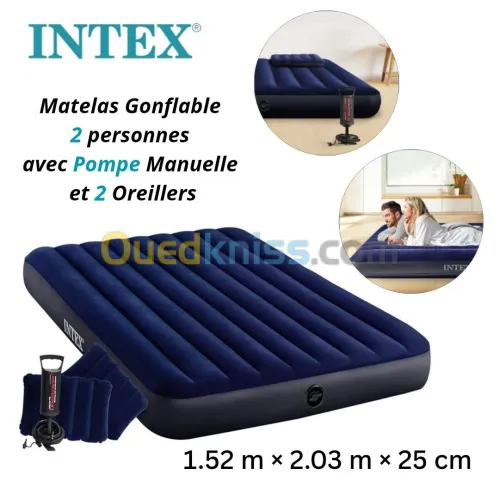 Matelas Gonflable 2 Personnes Avec 2 Oreillers et Pompe Manuelle 1.52m X 2.03mX 25cm - INTEX