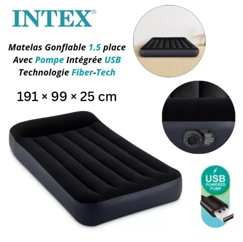 Matelas Gonflable 1.5 Place Avec pompe intégrée électrique USB 191x99x25cm Camping et Maison - Intex