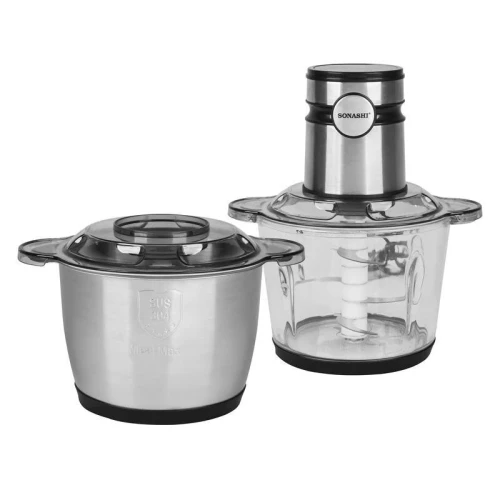 Hachoir Electrique Tactile 2 En 1 Verre Et Inox Sonashi - 6 Lames Avec Eplucheur d'Ail Et Batteur