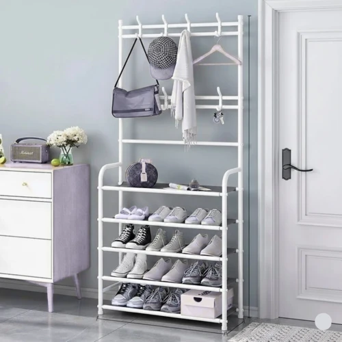 Porte Manteau avec Étagères à Chaussures 5 Niveaux - Meuble d Entrée 2 en 1 Métalique