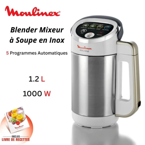 Blender Mixeur À Soupe Chauffant Moulinex Easy Soup 1000W 1.2L avec 5 Programmes INOX