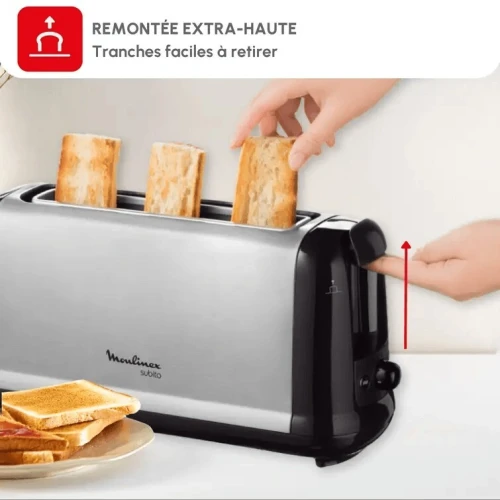 Grille Pain Moulinex Subito Longue fente  - 1000W 7 niveaux - Fonction Décongélation et Réchauffage 