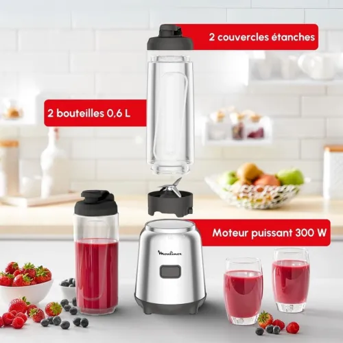 Blender Mixeur Électrique Moulinex 600mL 300W 1 Vitesse Avec 2 Bouteilles À Emporter - Mix and Move