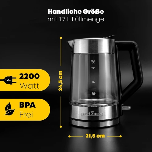 Bouilloire Électrique Proficook 1.7L 2200W En Verre - Éclairage LED indicateur De Température 