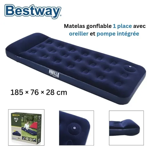 Matelas Gonflable 1 place avec oreiller et pompe intégrée 185x76x28cm - Camping et Plage - Bestway