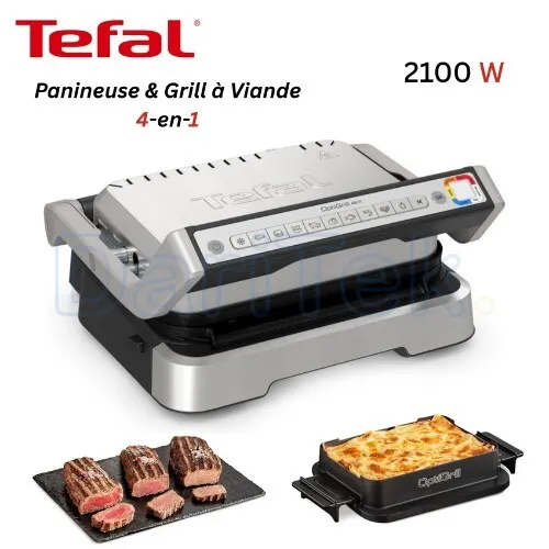 Panineuse et Grill à Viande 4En1 Électrique Tefal 2100W Ouverture 180 avec 09 Programmes de Cuisson Fonctions Barbecue et Four à Gratin et Repas Complet - OptiGrill GC774D10