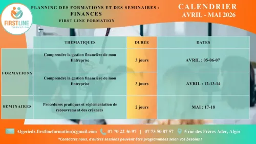 Calendrier FIRST LINE FORMATION des formations/séminaires : Avril/mai/juin 2026