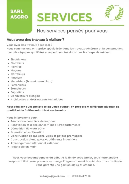 Sarl ASGRO votre partenaire en construction et rénovation
