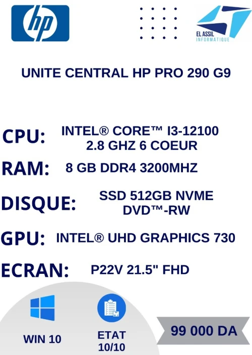 pc BUREAU HP PRO 290 G9 I3-12100 8Go 512GB NVMe ECRAN 22’́ P22V FHD