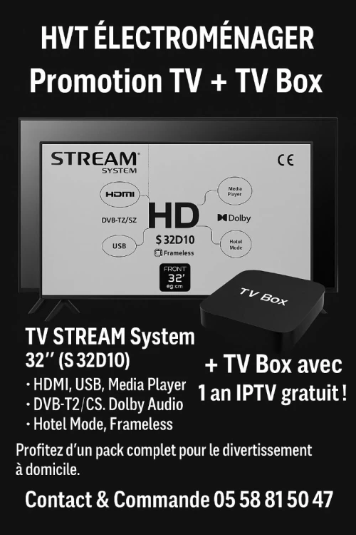 Super promo tv stream 32 D10+TV BOX SMART ANDROID 1 ANS IPTV GRATUIT 