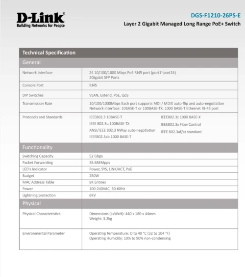 Switch Gigabit 24-ports PoE 2-ports SFP D-Link dgs-f1210-26ps-e