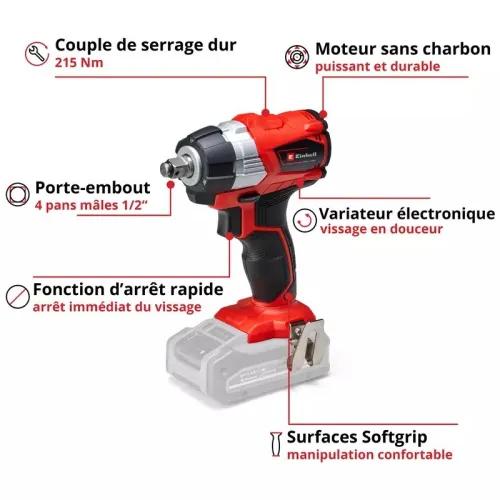 Clé à Chocs Brushless Einhell 18V avec Batterie Einhell 4Ah et Chargeur Einhell 3A Boulonneuse