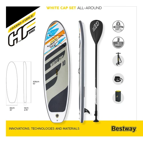 Paddle HYDRO FORCE Gonflable Bestway White Cap 65342 Kit Complet avec Sac & Pompe