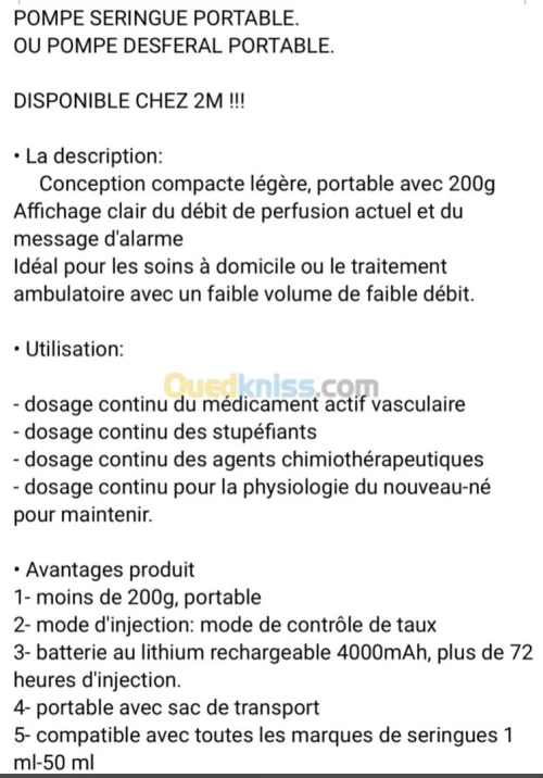 Pousse Seringue ou Pompe Desferal Electrique