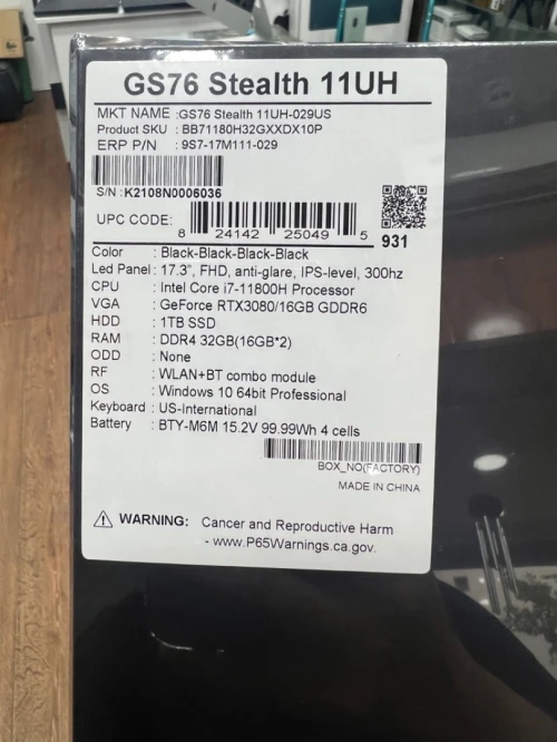 MSI GS76 I7 11800H 32G 1T SSD RTX 3080 16GB DRR6 